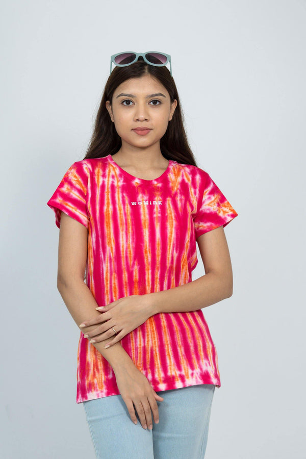 Women's Cotton Basic Pink Tiedye Printe Tshirt