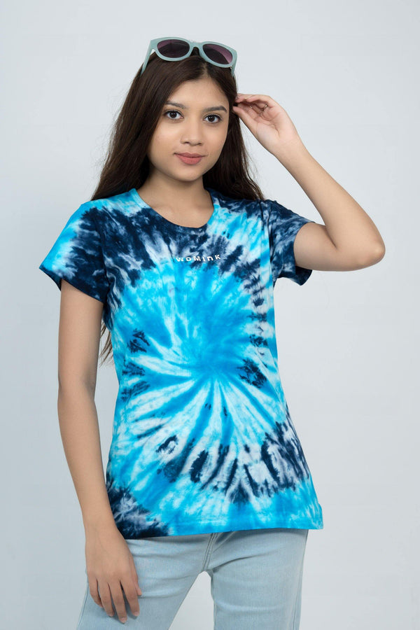 Women's Cotton Basic Sky Blue Tiedye Printe Tshirt