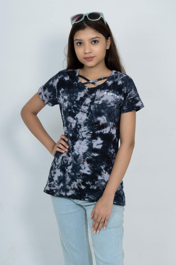 Women's Cotton Dark Grey Tiedye Printe Tshirt (Neck Cross Piping)
