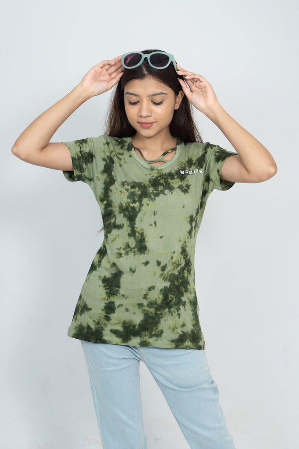 Women's Cotton Green Tiedye Printe Tshirt (Neck Cross Piping)