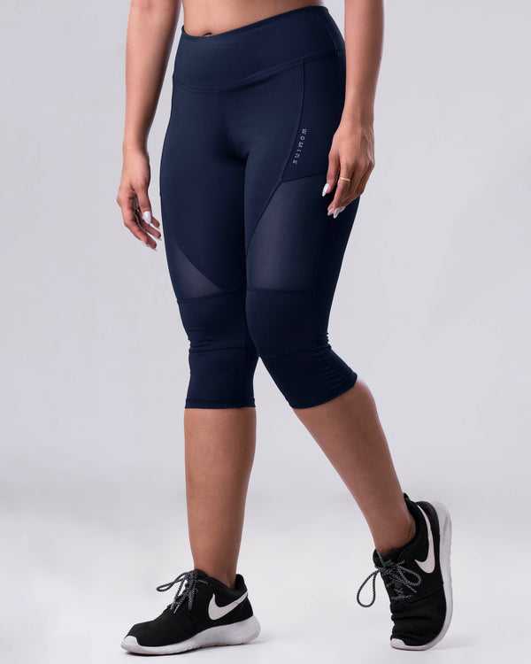 Power Mesh Navy 3/4th Legging | WOMINK